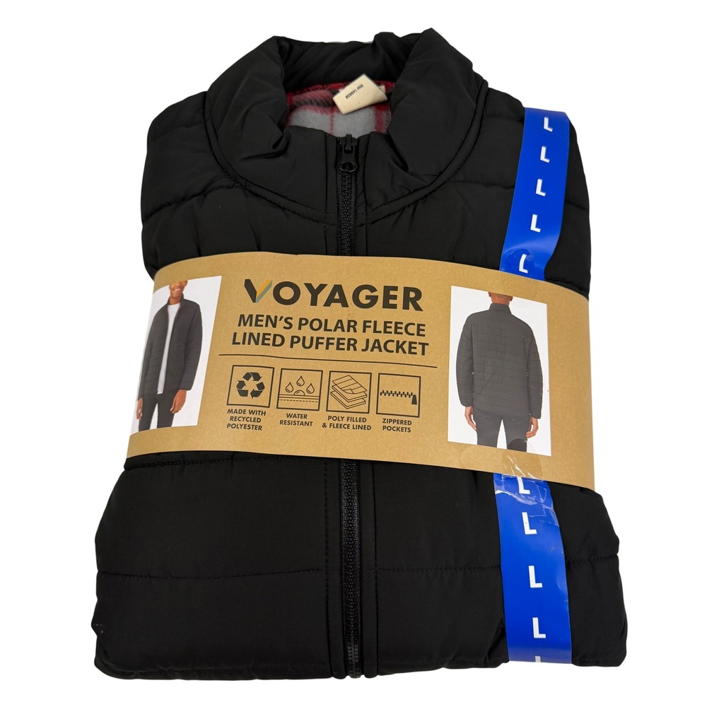 Voyager Mens Polar Fleece Lined Puffer Jacket Black Water Resistant Large NEW